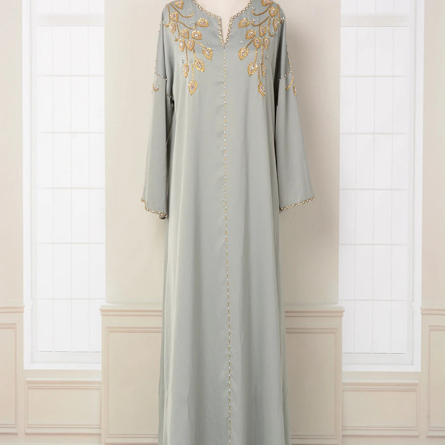 Wholesale Dubai Solid Color Simple Modest Islamic Clothing Solid Color Embroidered Pearl Trim Abaya Muslim Dresses for Women