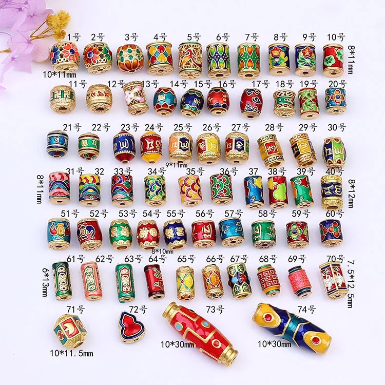 JF8762 Vintage Asian Style Blue Enamel Matte Gold Cloisonne Cylinder BeadsOm Mani Padme Hum Cloisonne Drum Tube Prayer Jewelry