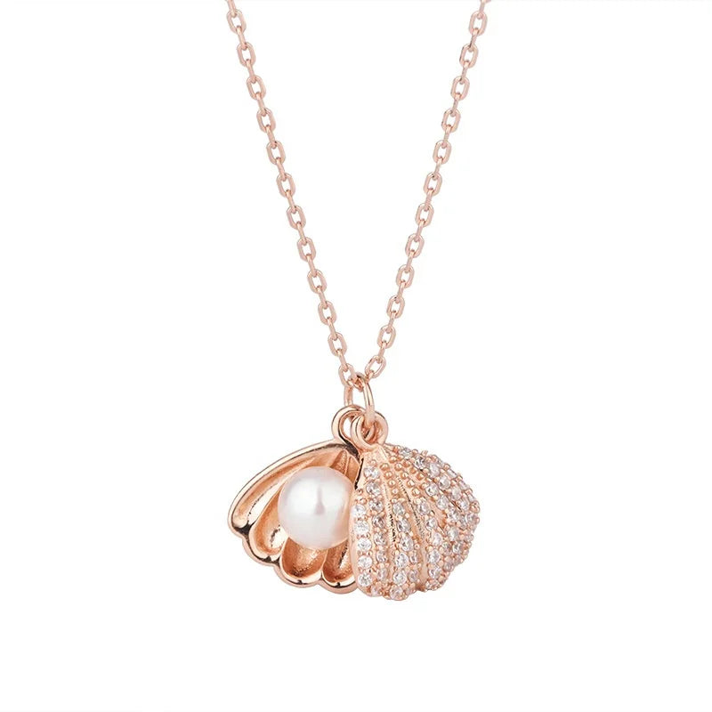 925 Silver Rhodium Plated 5A Grade 10mm White Round Pearl Shell Charm Pendant Necklace with Pave CZ and Romantic Style