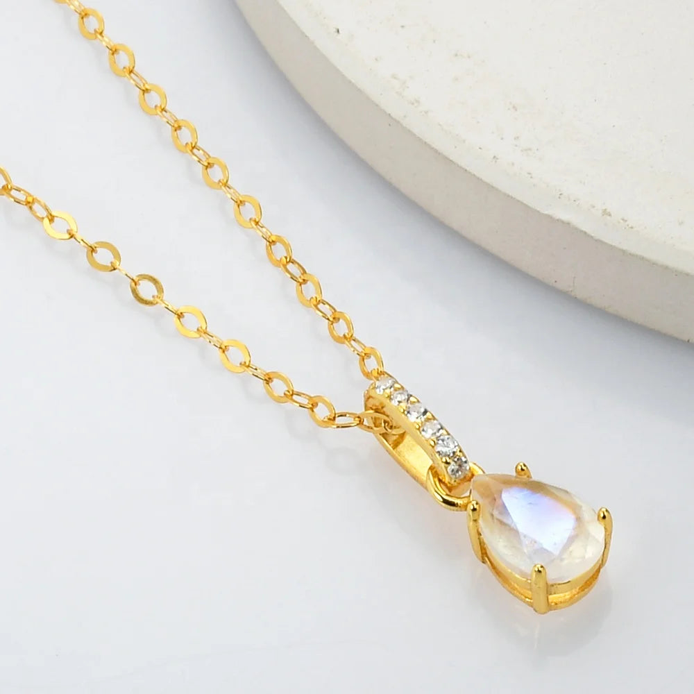 925 Sterling Silver Rose Cut Drop Pendant Women Rainbow Moonstone Crystal Necklace