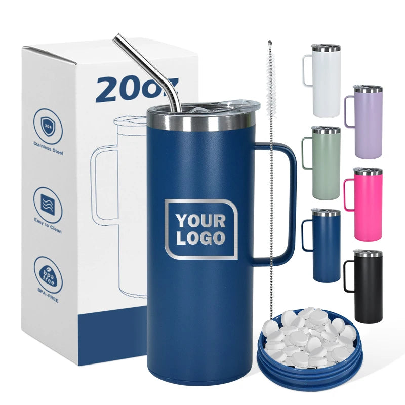 Custom Engraved Stainless Steel Travel Mug 20oz Insulated Screw Bottom for Straight Skinny Tumbler W/ Handle for Back to School