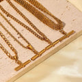 Wholesale Custom Trendy 18K Gold Plated Stainless Steel Mesh Figaro Rope Chain Link Horizontal 3D T Bar Pendant Necklace Women