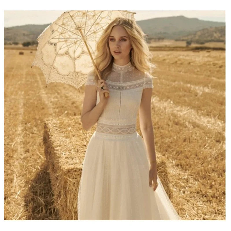 Bohemia Simple High Neck Illusion Lace a Line Wedding Dress Tulle Skirt Buttons Short Sleeve Bridal Gown 2020 Vestido De Novia