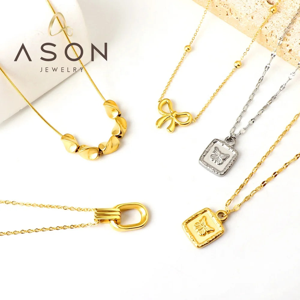 Ason Vintage Women Fashion Jewelry Simple 18K Gold Plated Square Butterfly Necklace Stainless Steel Shell Pendant Necklace