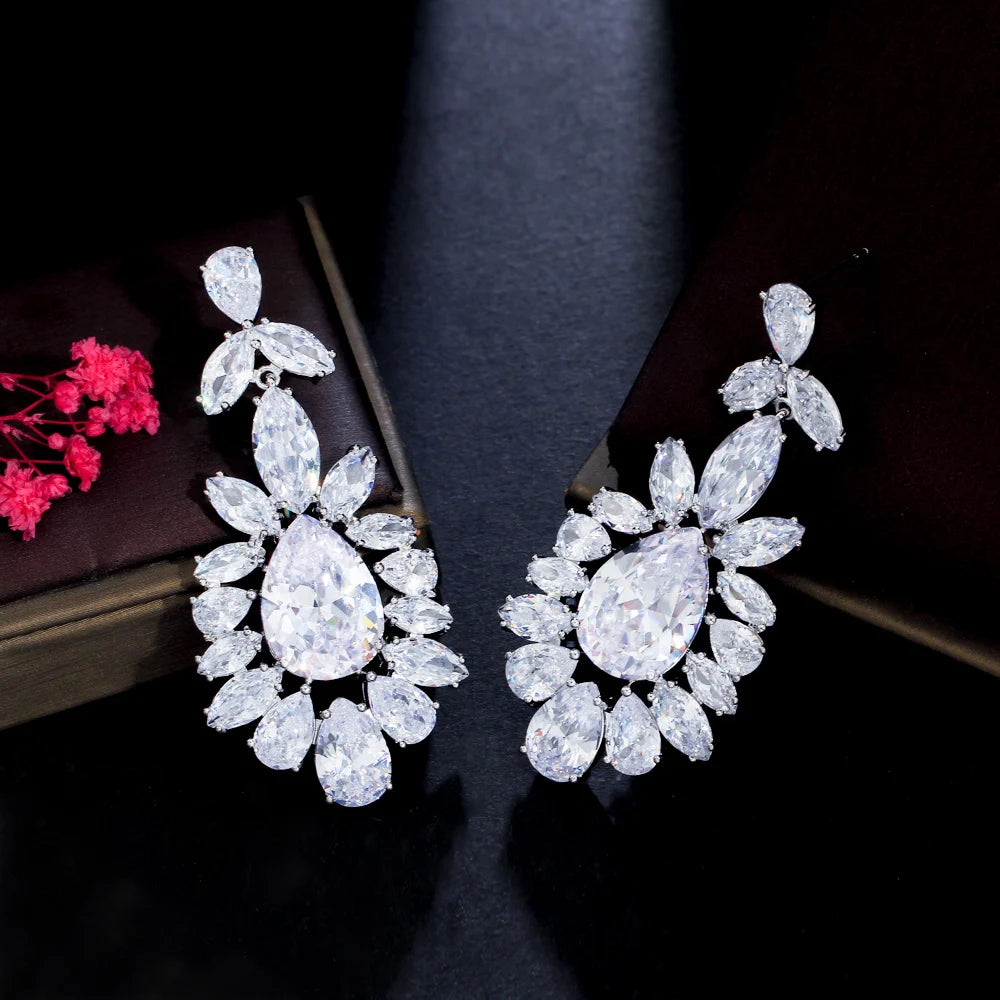 Genuine Top Shiny Cubic Zirconia Stone Paved Silver Color Dangling Drop Long Big Wedding Earrings for Brides Jewelry Gift