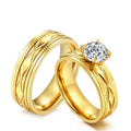 High End Jewelry Surface Pattern Engraving 18K Gold Plated AAA Zircon Engagement Promise Ring  Stainless Steel Couple Jewelry
