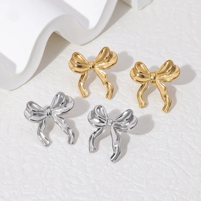BM Non Tarnish Jewelry Wholesale Stainless Steel 18K Gold Fold Bowknot Stud Earrings for Women