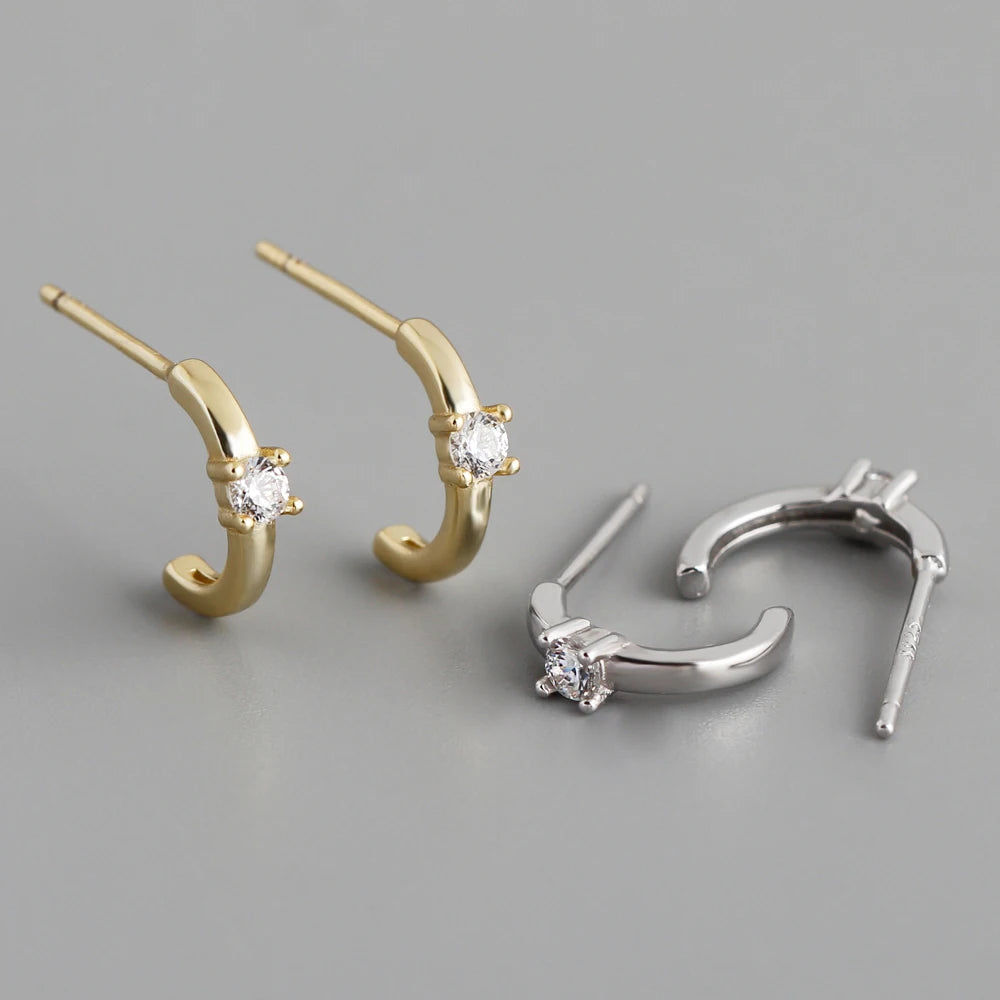 NEW 925 Sterling Silver Fashion Jewelry Earrings Circle C Shape Simplicity Zircon 18K Gold Plated Stud Hoop Earrings Women