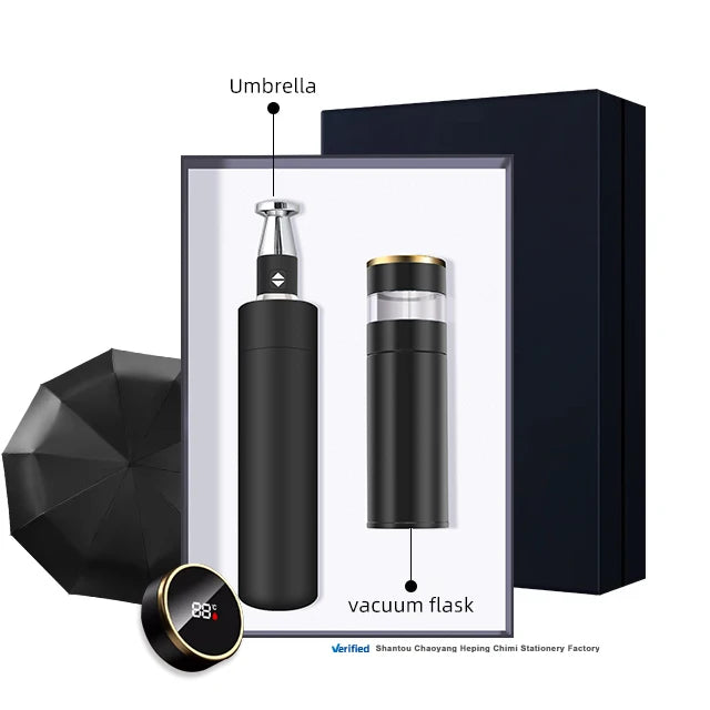 Customise Automatic 3 Folding Umbrella 316L Vacuum Flask 2 in 1 Oriental Style Corporate Gift Set