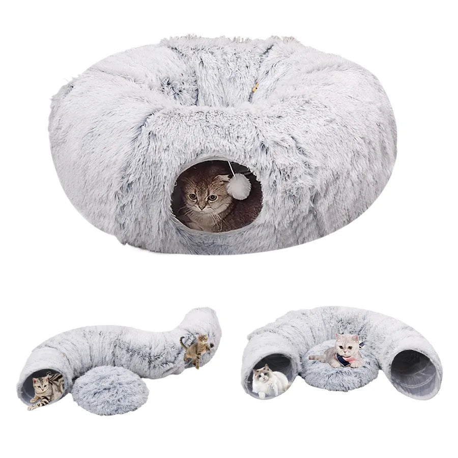 OEM Luxury Round Plush Cat Tunnel Nest Sustainable Foldable Velvet Flannel Pet Bed Solid Pattern Cat Dog Shelter and Tunnel
