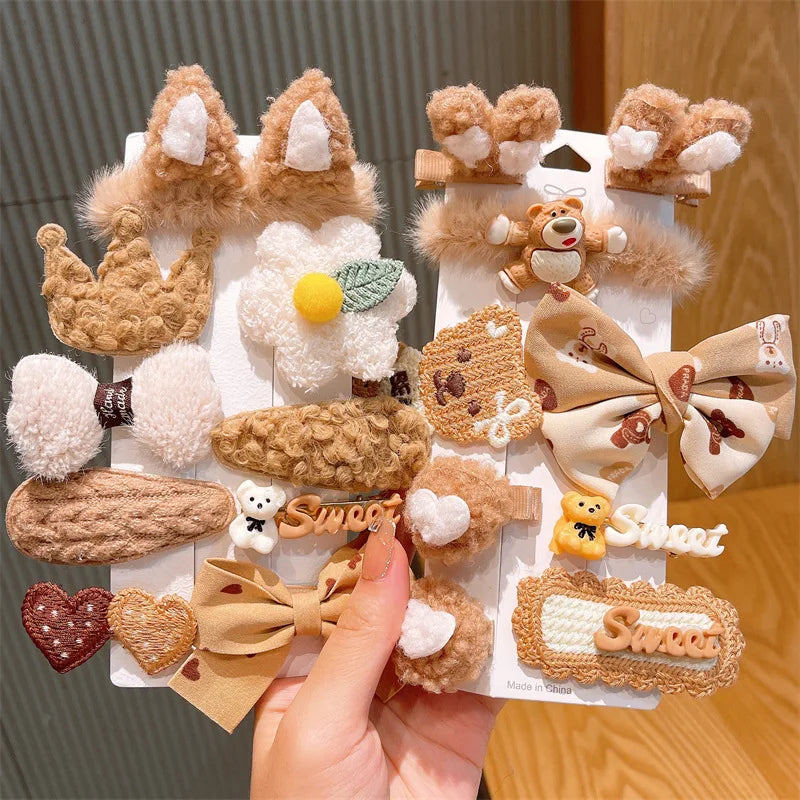 New Design Custom Cream Color Hair Bows With Clips Plush Children Flower Cartoon Cute Kids Hair Clips for Girls Hair Accessories