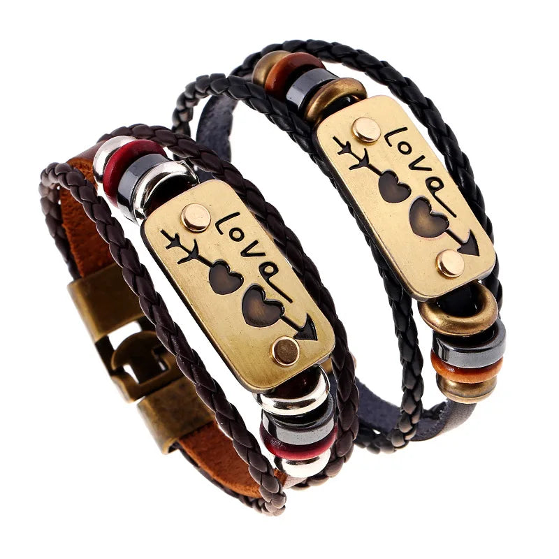 AA00528 Handmade Woven Rope Double Heart Bracelet Lovers Couple Leather Bracelet For Women And Men