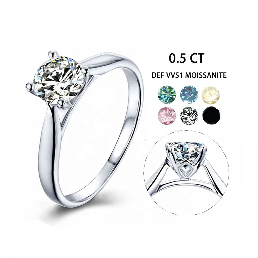 Factory Direct Supplying 925 Silver 4 Prong Round 0.5ct Moissanite Engagement Solitaire Ring Jewelry for Wedding
