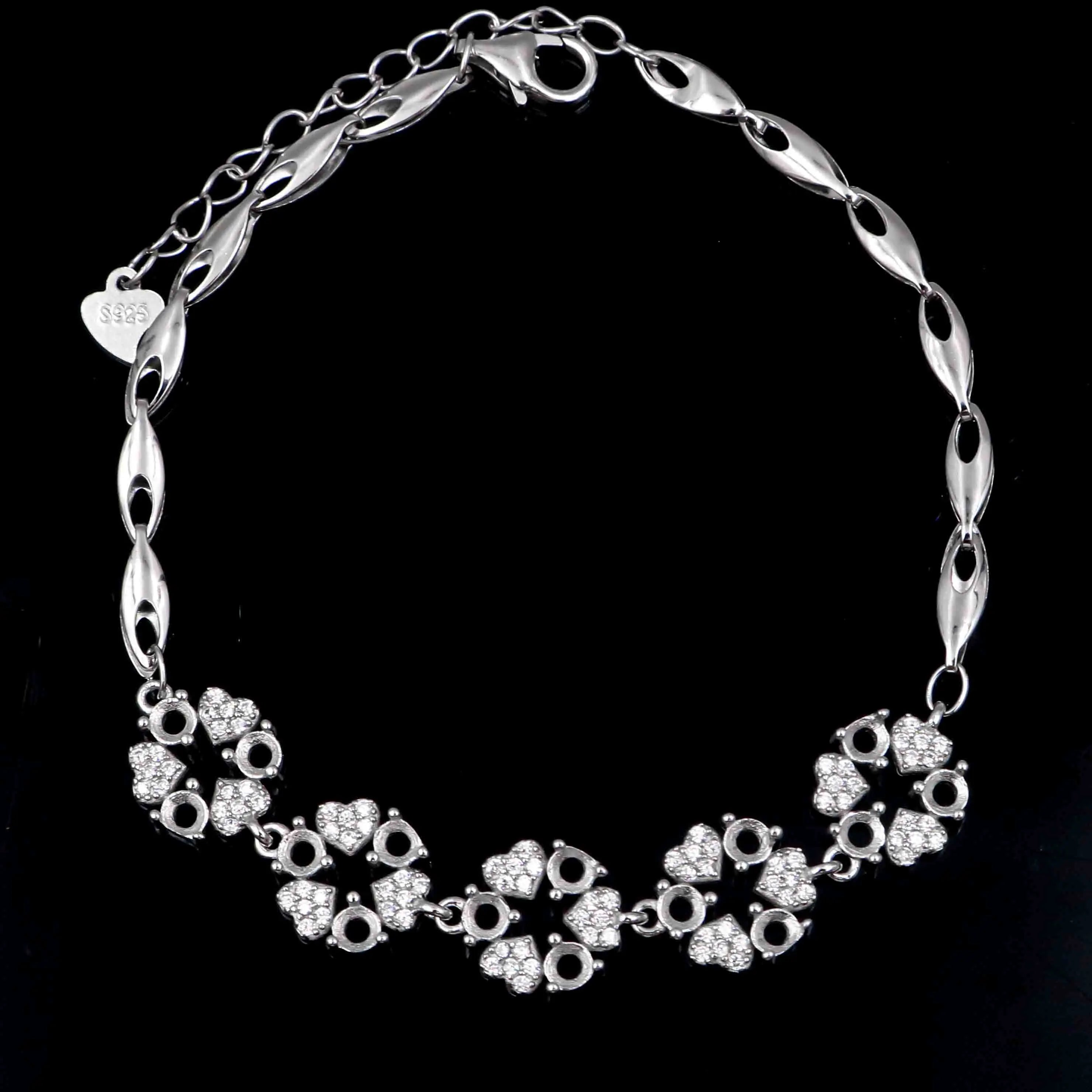 Sterling Silver 3*3mm Semi Mount Bracelet Empty Support Blank Claws Setting S925 Base Holder Without Center Stone Inlay for DIY