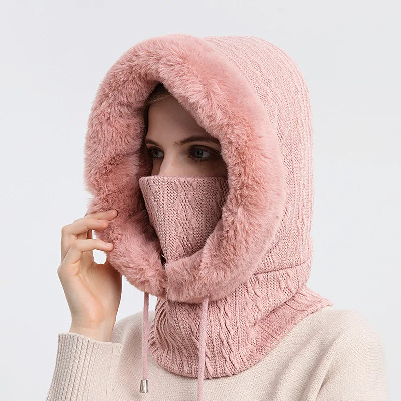 Women One Piece Slouchy Drawstring Warm Hooded Winter Balaclava Pullover Knitted Hat