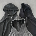 Men's Black Washed Denim Hoodie Distressed Acid Zip Streetwear Casual French Terry Vintage Solid Print for Autumn Sweatshirt