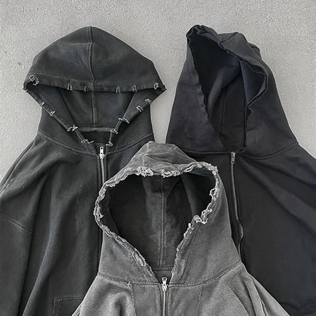 Men's Black Washed Denim Hoodie Distressed Acid Zip Streetwear Casual French Terry Vintage Solid Print for Autumn Sweatshirt