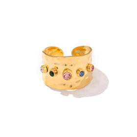 New Designs Colorful Crystals Wide Band Square 18k Gold Plated Stainless Steel Ring