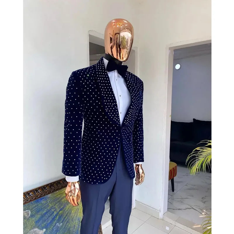 Luxury Men Suits 2 Pieces Dark Velvet Blazer Pants 2 Pieces Set Suits Pants One Button Shawl Lapel Man Wedding Prom Party Tuxedo