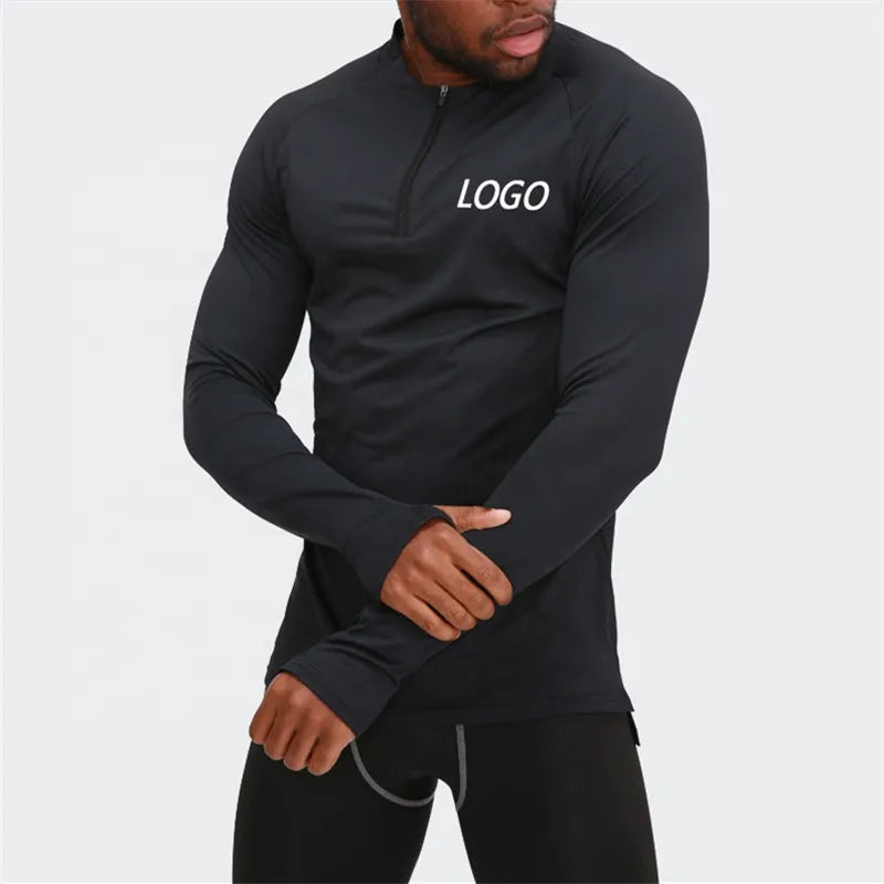 Black Fitted Nylon Half Zipper Training Compression Top High Stretch Gym Men Long Sleeve Sports T-shirts Jacket
