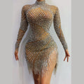 Silver Ropa Para Mujeres Luxury Sparkly Crystals Mesh Fringe Vestidos Performance Clothing Dance Costumes Dancer Dress
