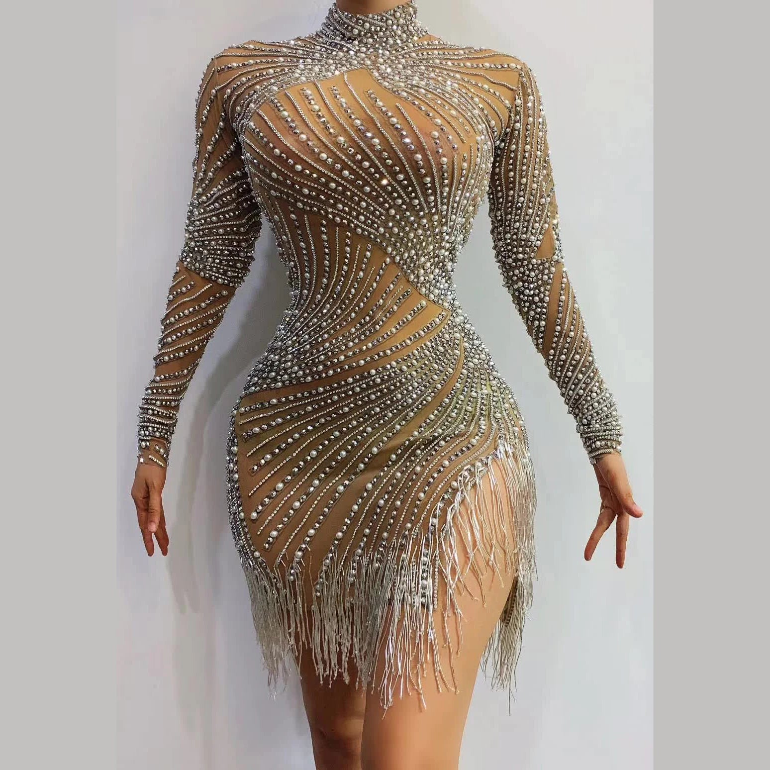 Silver Ropa Para Mujeres Luxury Sparkly Crystals Mesh Fringe Vestidos Performance Clothing Dance Costumes Dancer Dress