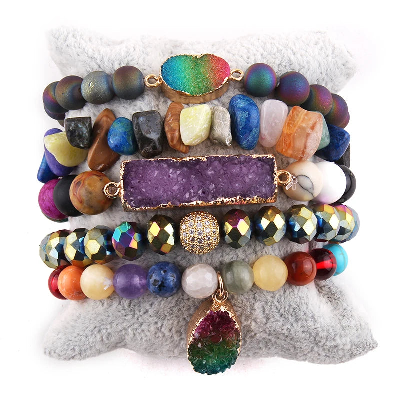 Women Bohemian Jewelry Crystal Glass Beads Bracelet 5pc Boho Multicolor Natural Chip Stone Druzy Stack Bracelets Sets
