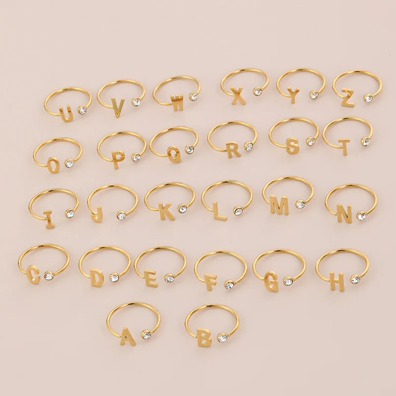 TongLing Stackable Alphabet Rings with Adjustable Zircon Stainless Steel Initial Letter Ring for Women Girl Bridesmaid Gift