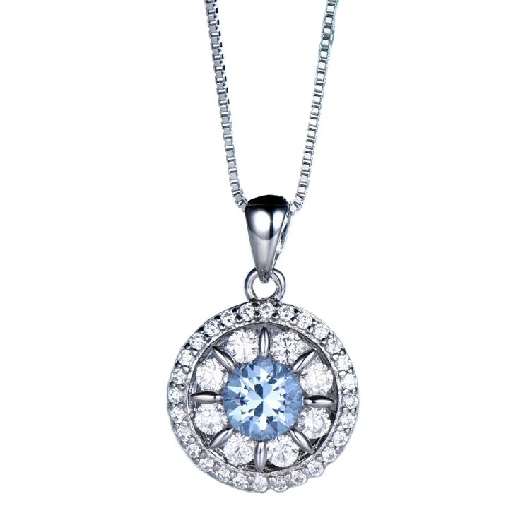 Fine Jewelry 925 Sterling Silver Eye Circle Necklace Nano Sky Blue Zircon Topaz Pendant Box Chain Necklace for Girl Women