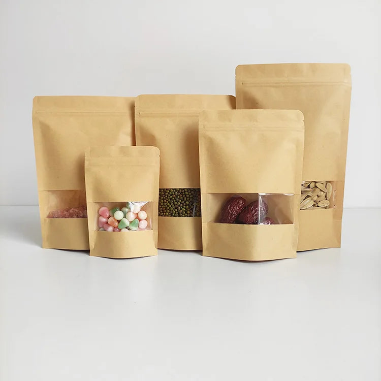 15x22cm Recyclable No Printing Kraft Food Packaging Heat Sealable Brown Kraft Paper Bag with Window