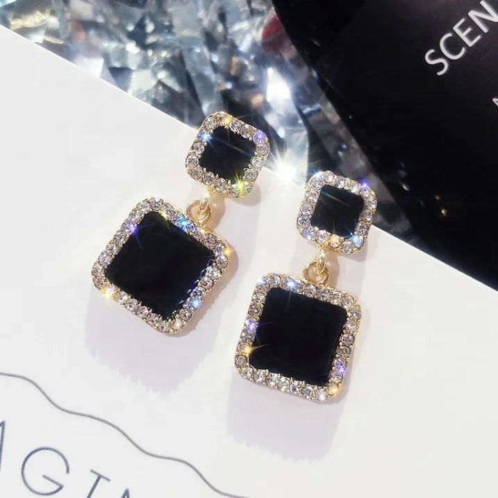 Black Square Geometric Earrings for Women Crystal Luxury Wedding Rhinestone Earring