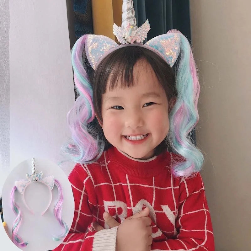 Kids Party Glitter Sequins Ear Headband Wig Synthetic Unicorn Style with Sequined Wig Accessory
