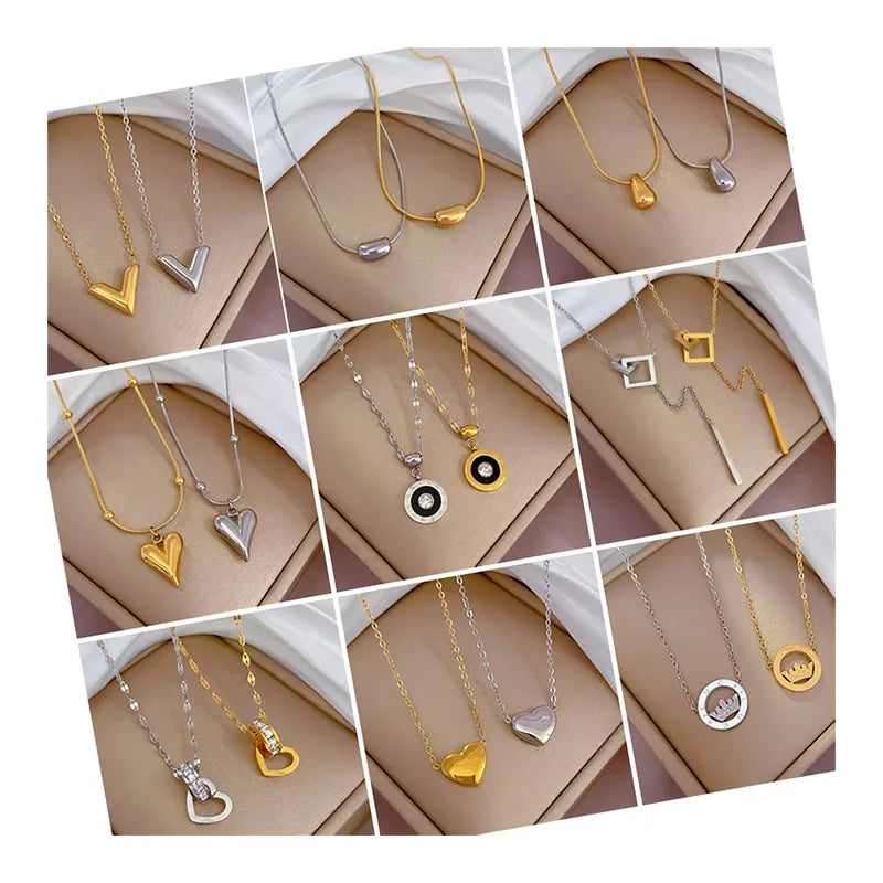DAIHE Fashion Heart Zircon Pendant Women Stainless Steel Necklace Luxury Emerald Long Tassel Clavicle Chain Jewelry Hot