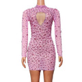 Sparkling Pink Long Sleeves Diamond Formal Cocktail Prom Evening Bodycon Dress Dinner Gown Women Short Party Night Club Dress