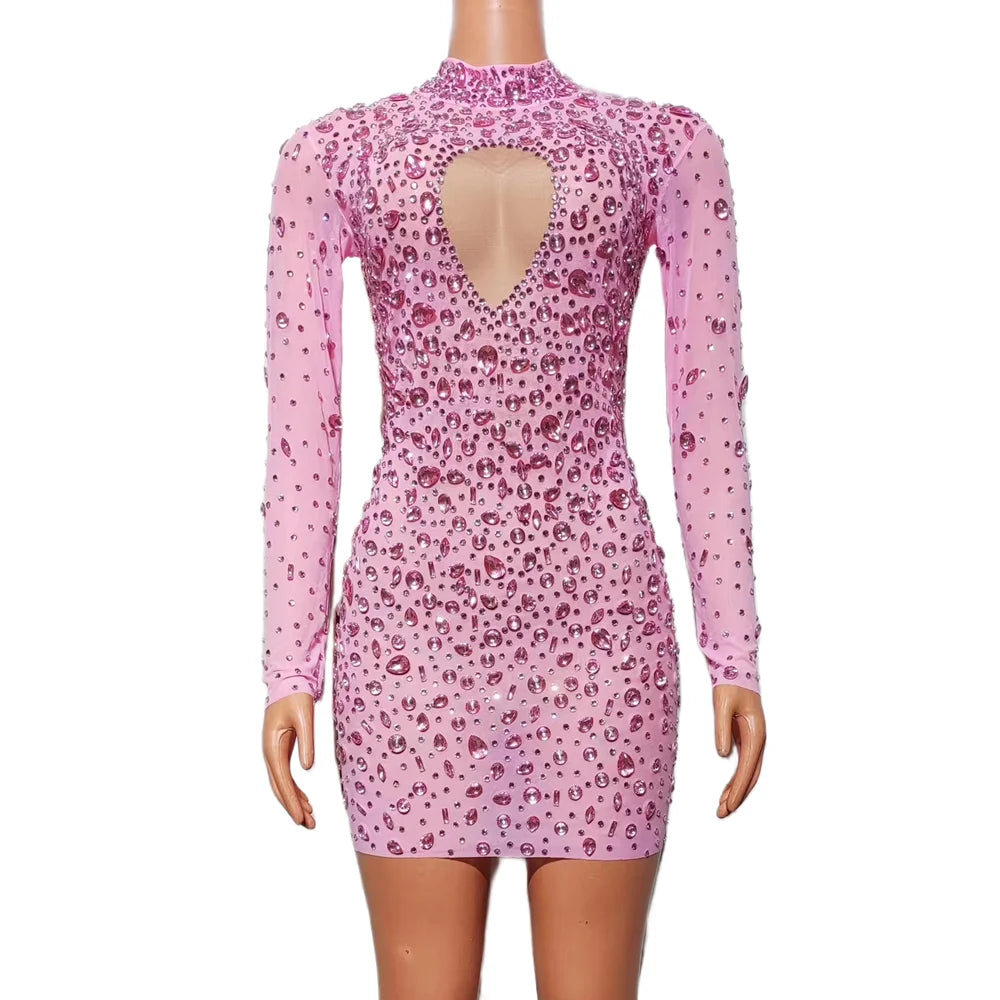 Sparkling Pink Long Sleeves Diamond Formal Cocktail Prom Evening Bodycon Dress Dinner Gown Women Short Party Night Club Dress