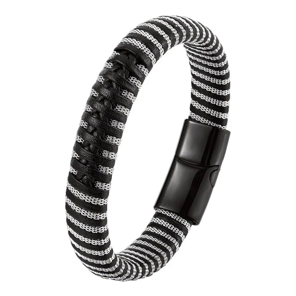 New Punk Innovative Stainless Steel Wire Magnetic Clasp Black Braided Leather Libk Chain Bracelet Men Cuff Bangle OT-140