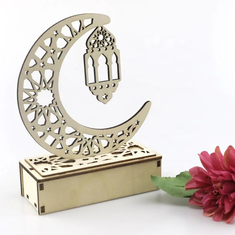 Hollow Moon Star Ramadan Decoration Islamic Mosque Blessed Eid Mubarak Gifts Free standing Acrylic MDF Wooden Ramadan Moon Decor