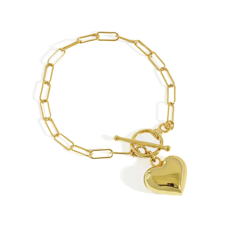 WMSA215 Elegent Love Real 925 Sterling Silver Link Chain Blank Heart Charms Bracelet for Women  Toggle Clasp Closure