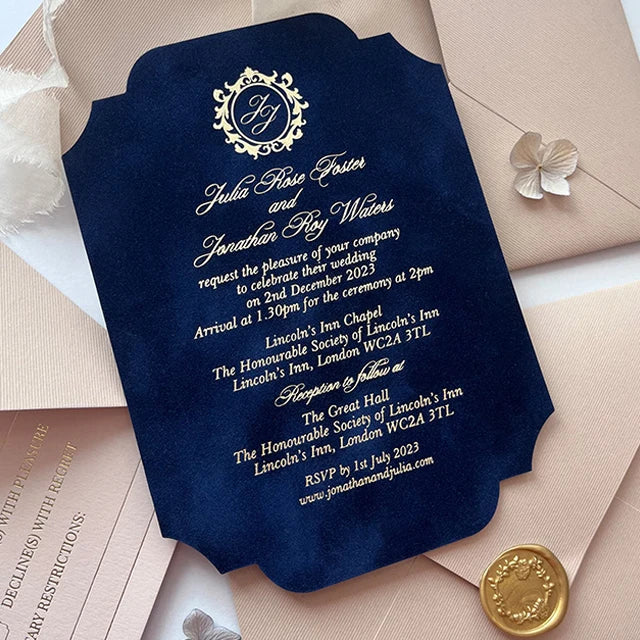 Fancy Custom Luxury Royal Blue Velvet Elegant Wedding Invitations Set Custom Design Wedding Invitations