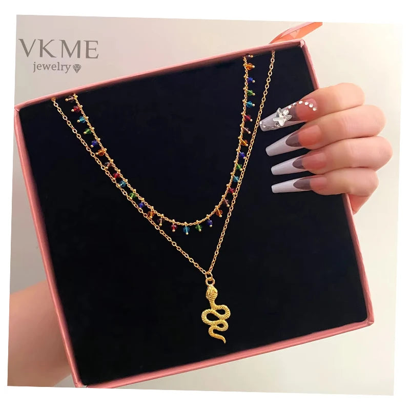 VKME Hot Sale Colorful Beads Snake Pendant Double Layer Necklace for Women Jewelry