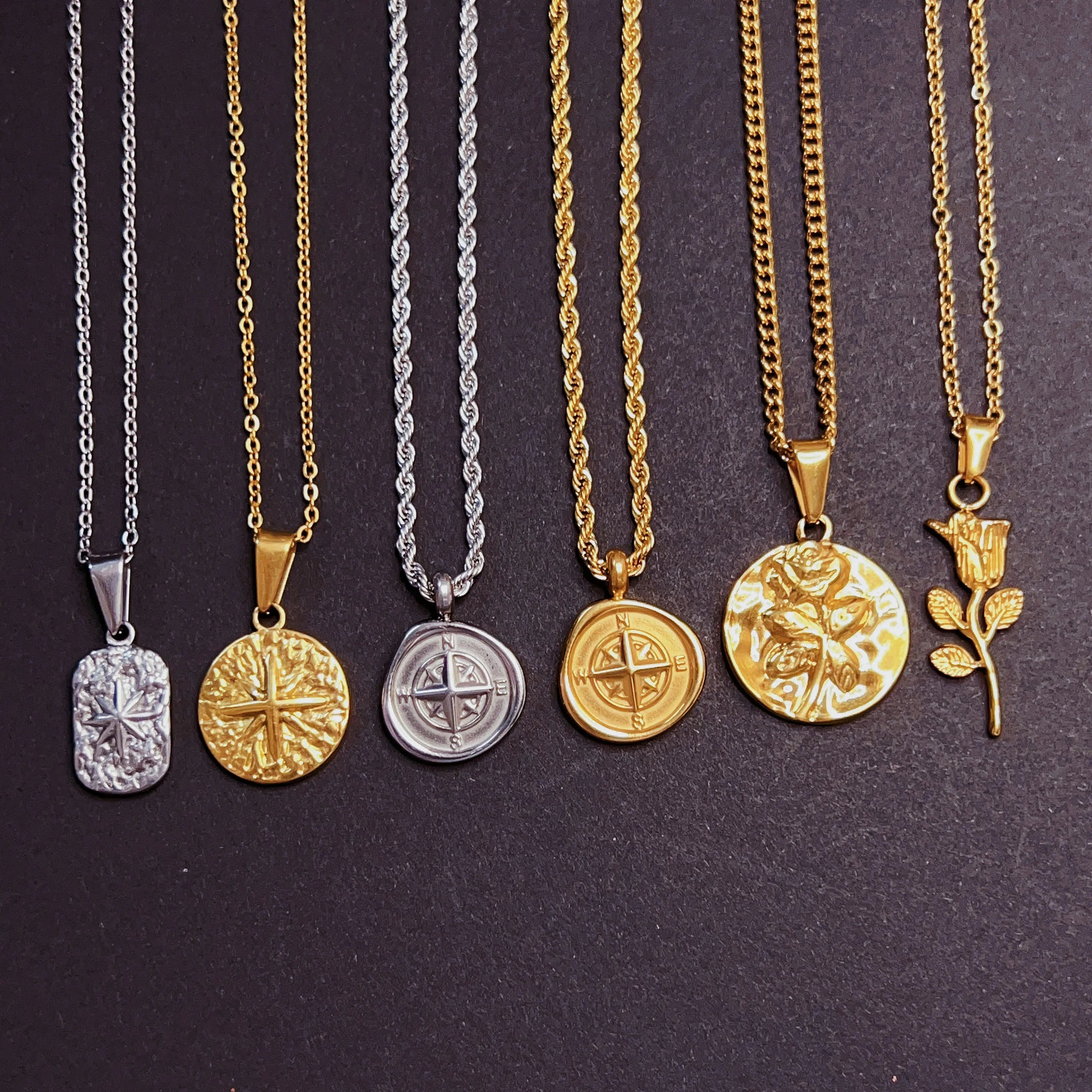 Vintage Men Gold Pendant Necklace Tarnish Free North Star Stainless Steel Necklace Hiphops Travel Jewelry Compass Chain Pendant