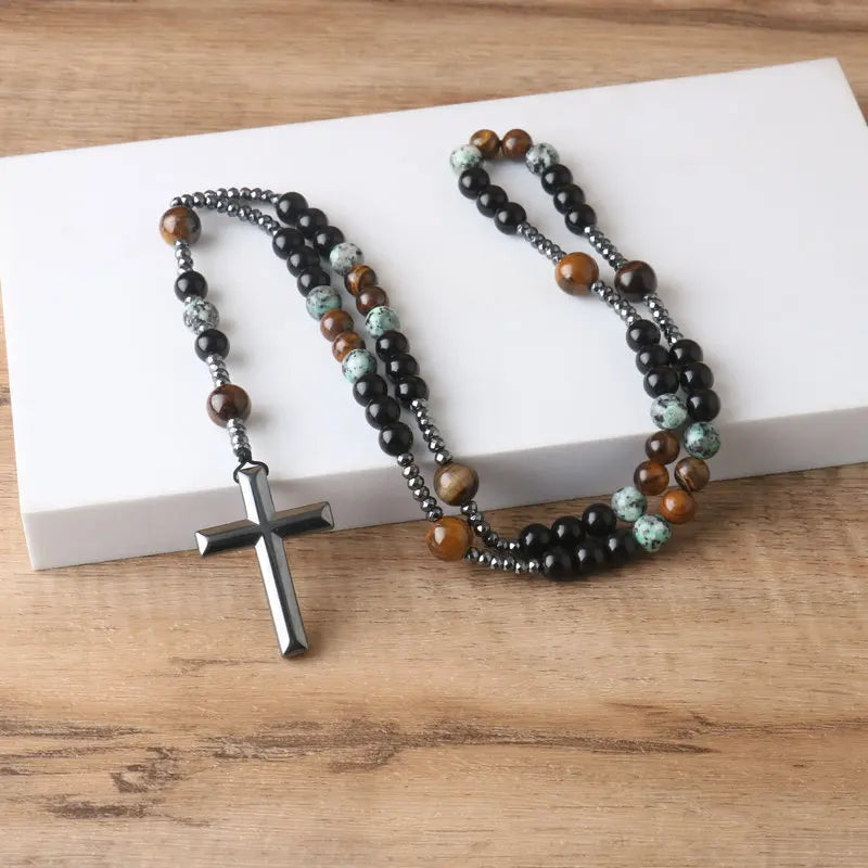 African Turquoise Black Agate Yellow Tiger Eye Beads Catholic Rosary Cross Necklace for Men Christ Meditation Jewelry