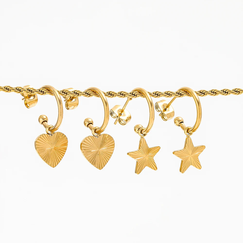 18K Gold Plated Heart Star Burst Hoop Earrings for Women Stainless Steel Jewelry Wholesale