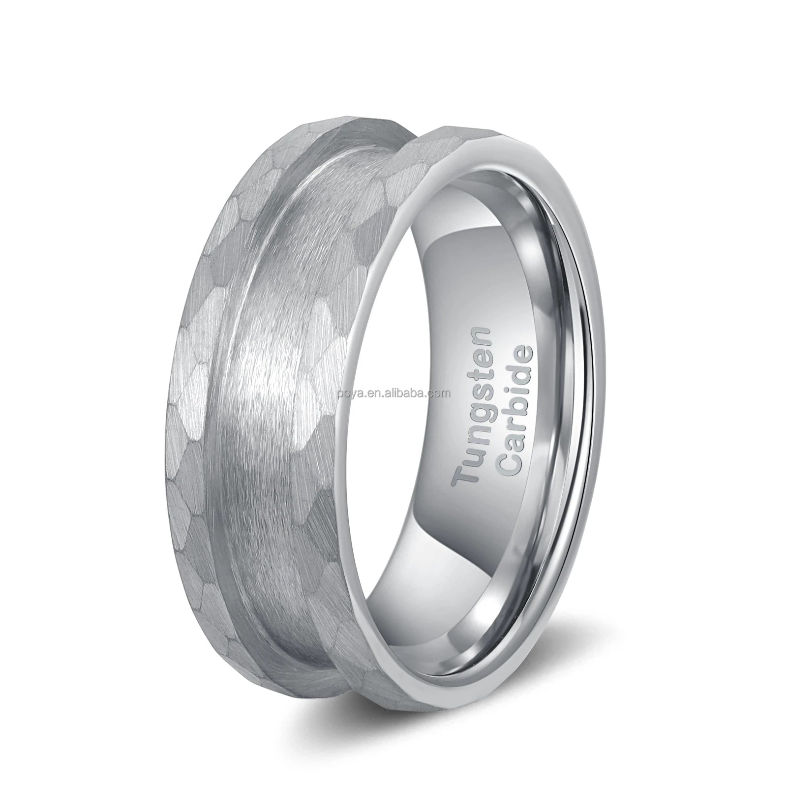 POYA 8mm Silver Hammered Tungsten Carbide Ring Blank Channel Inlay Ring Core Ring  Handcrafted Jewelry  Wedding Engagement Band