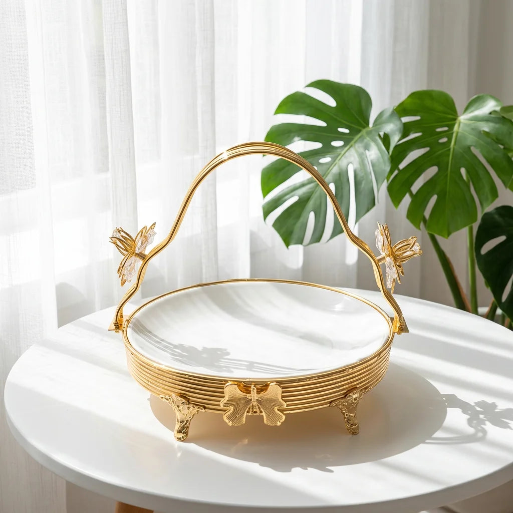 2026 New Arrived Elegant Decorative Gold Metal Fruit Basket Snack Dessert Food Glass  Serving Fruit Tray With Leg