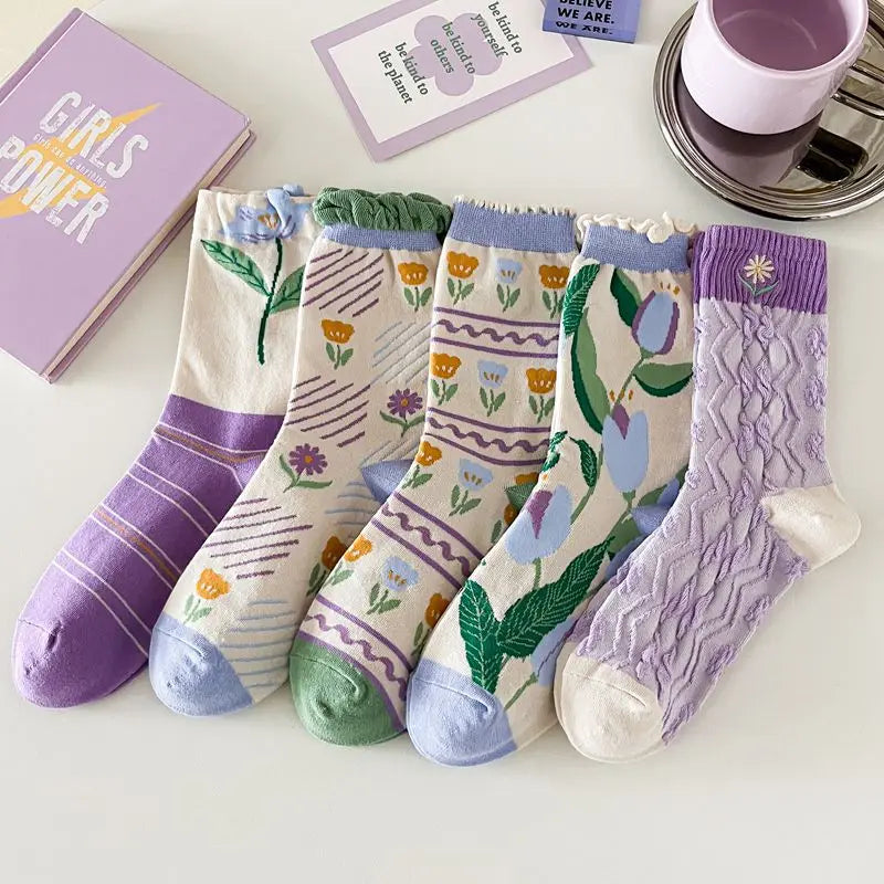 Promotional Japanese Korean Elegant Flower Socks Trendy Women Knitted Cotton Fairy Socks Girls