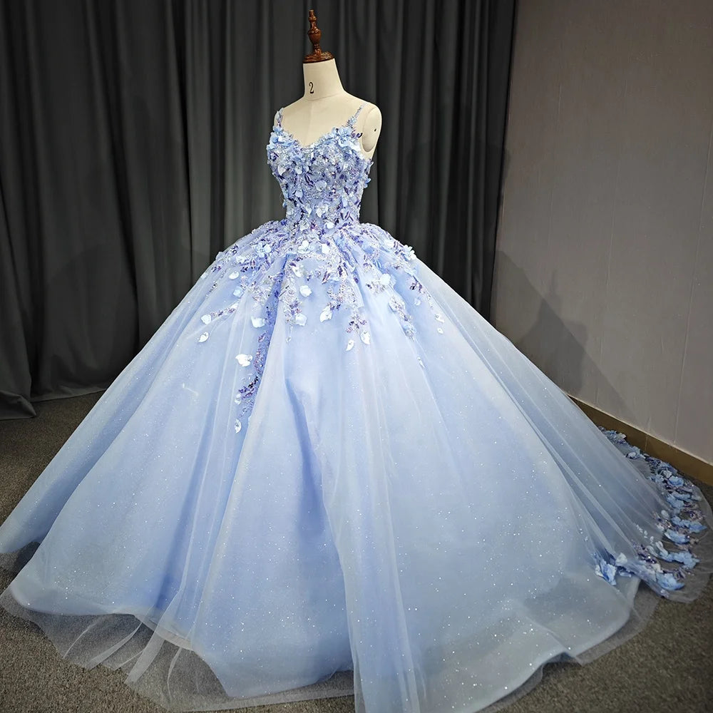 Jancember 6582 Dream Blue Flower Backless Glitter Ball Gown Quinceanera Evening Party Dresses for 15 Girls