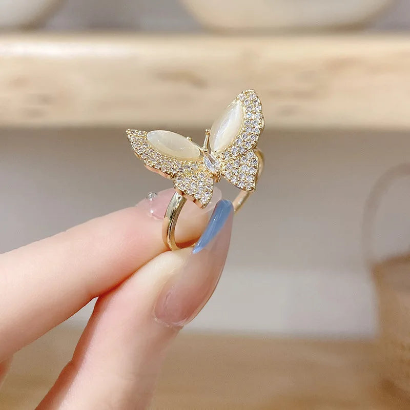 Personality Shiny CZ Zirconia Opal Butterfly Rings for Women Gold Color Open Adjustable Ring Jewellery Gifts
