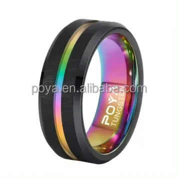 POYA 8mm Black Tungsten Wedding Band Rainbow Inlay Rainbow Inner Classic Engagement Ring