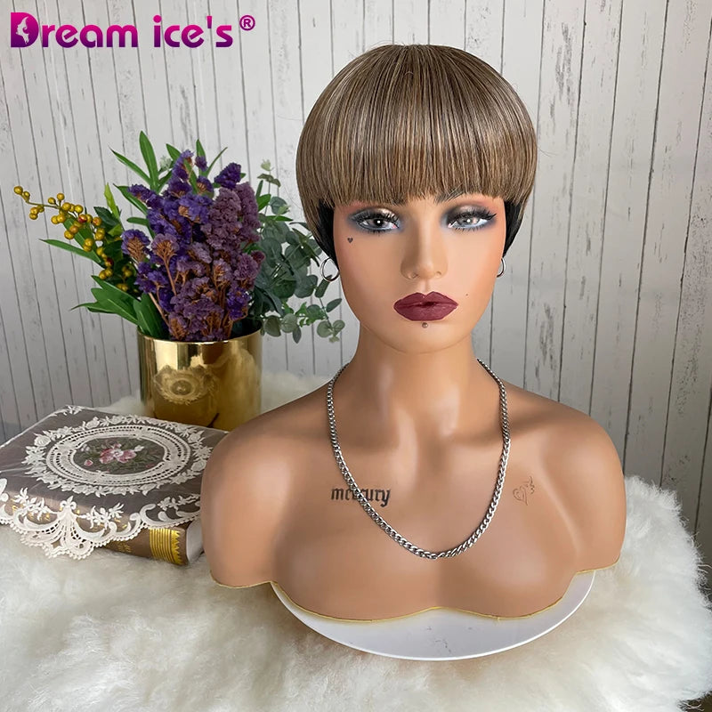 Cheap Short Ombre Brown to Black Layered Pixie Cut Hair Wig for Women Natural Straight Hair Wigs With Bangs Synthetic Wigs Daily